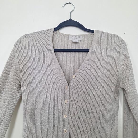 Vintage Express Cropped Ribbed Cardigan Women XS Button Up Gray Cream Preppy Y2K - Picture 2 of 9